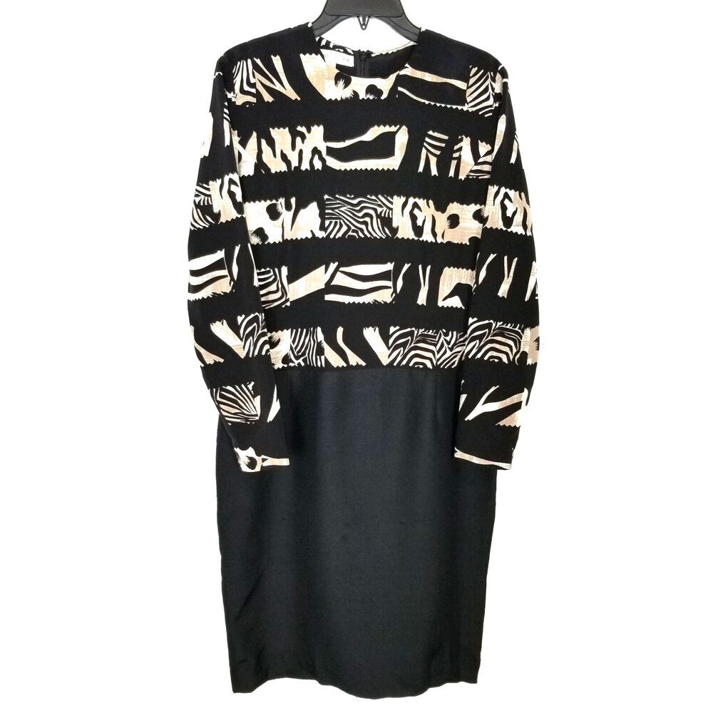 Vtg Anne Crimmins for UMI‎ Collection Women 100% Silk Dress Sz 6 Black Animal